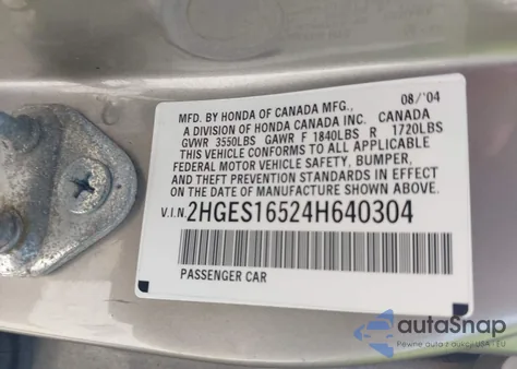 2004 Honda Civic Lx from USA, damaged, VIN 2HGES16524H640304